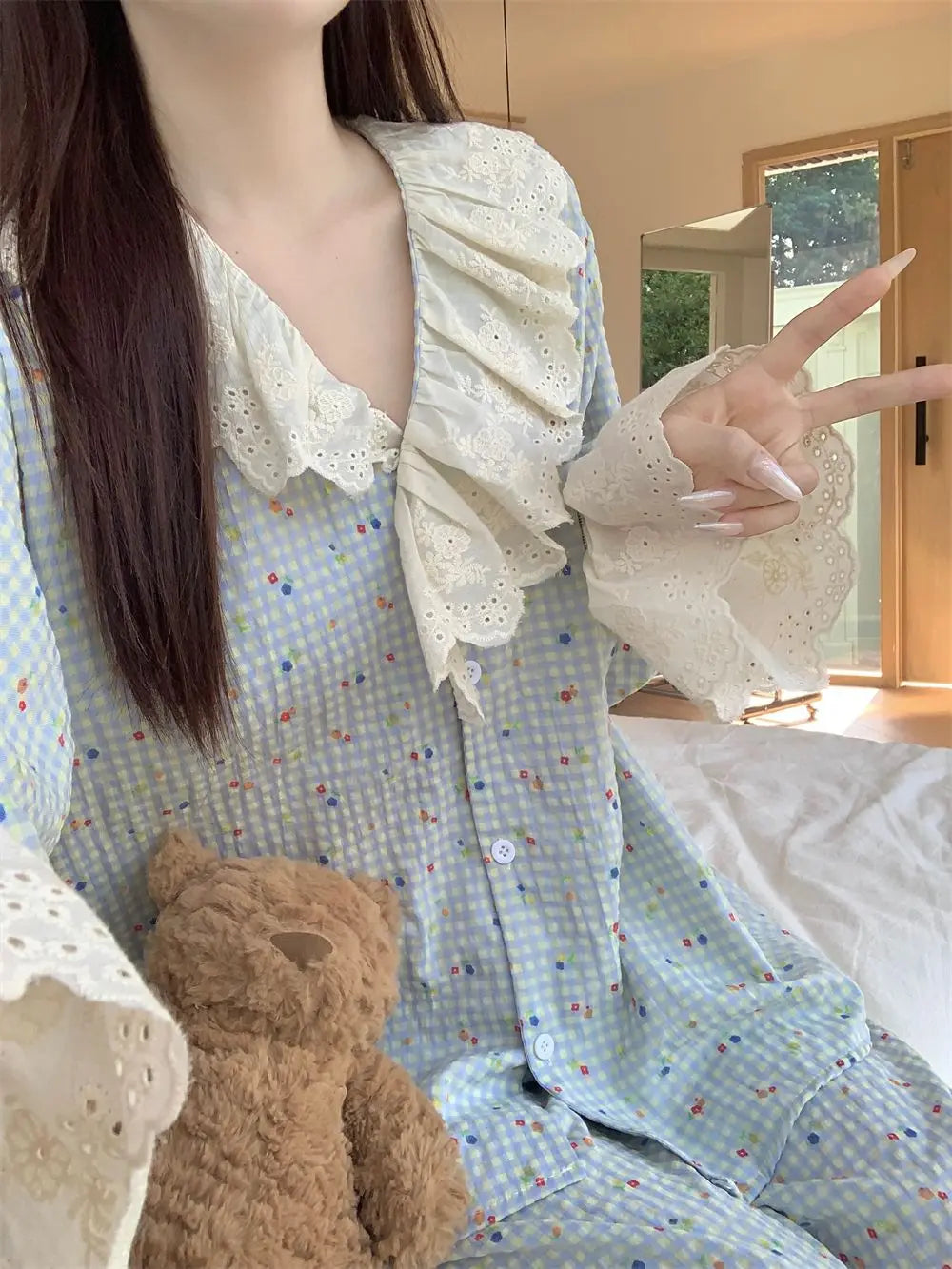 Korean Style Sweet Style Floral Pajamas for Women New Long Sleeve Long Pants Lace Trim Homewear Set Autumn Winter Loungewear Hot