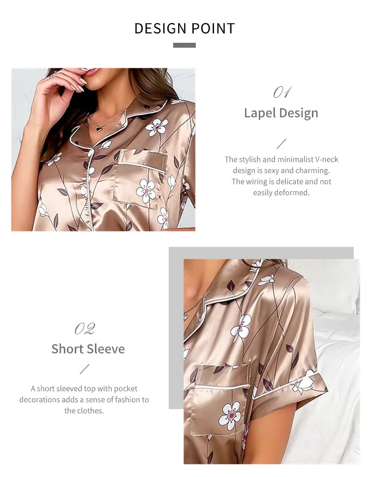 Ladies Floral Print Pajamas Set Autumn Short Sleeve Buttons Top & Elastic Waistband Pants Women's Sleepwear Loungewear Pj Sets