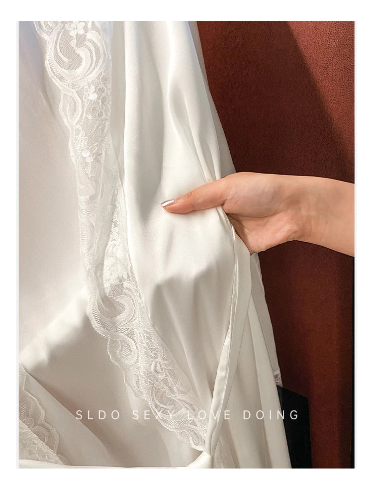 Wedding Bridal Bathrobe Big Lace Flower Nightie Wear Women Satin Kimono Long Loose Peignior Spring Autumn New Intimate Lingerie