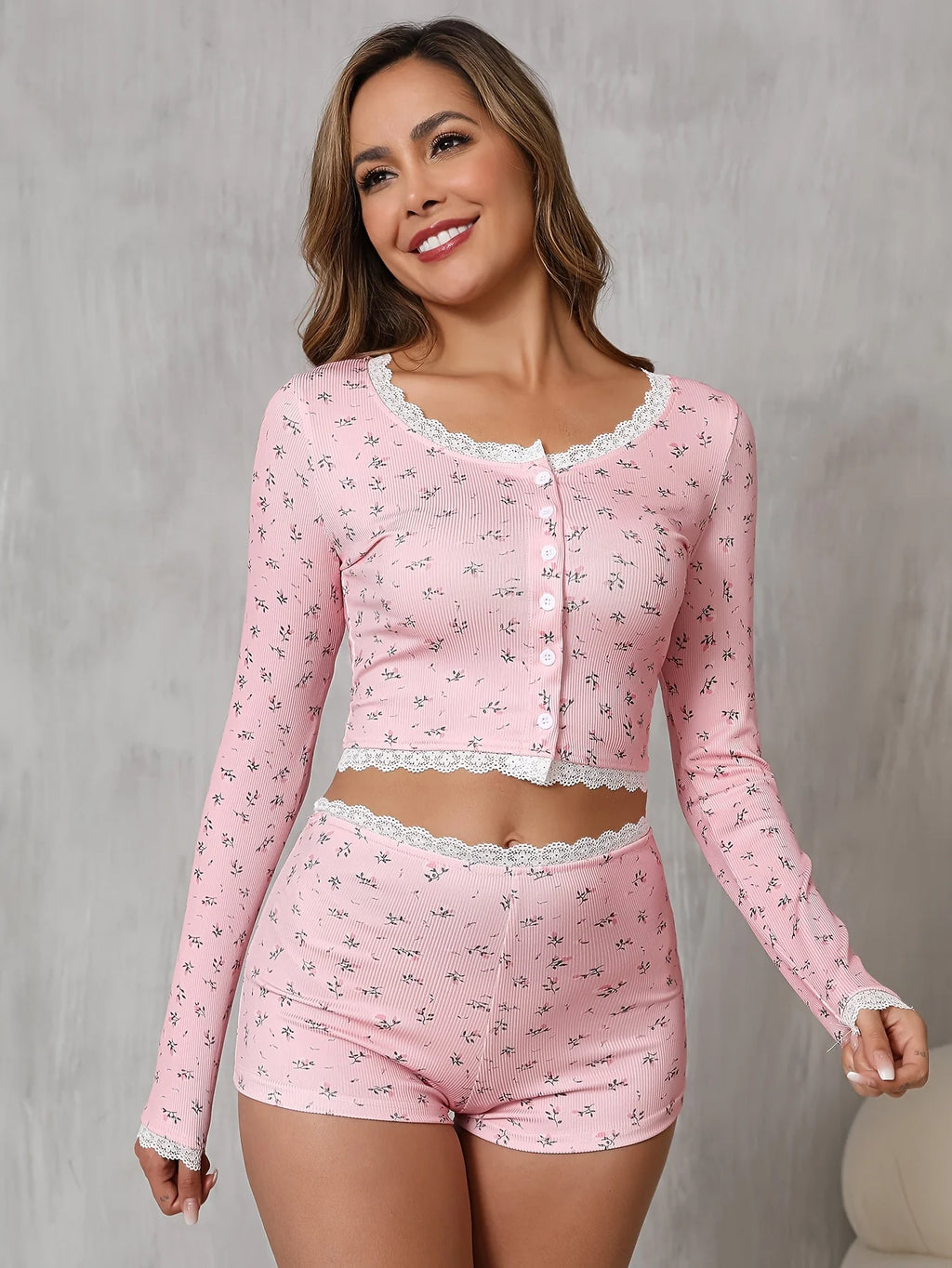 Sweet Floral Pajama Set Women Long Sleeve Button Cardigan and High Waist Shorts Lace Trim Two Piece Loungewear Sleepwear