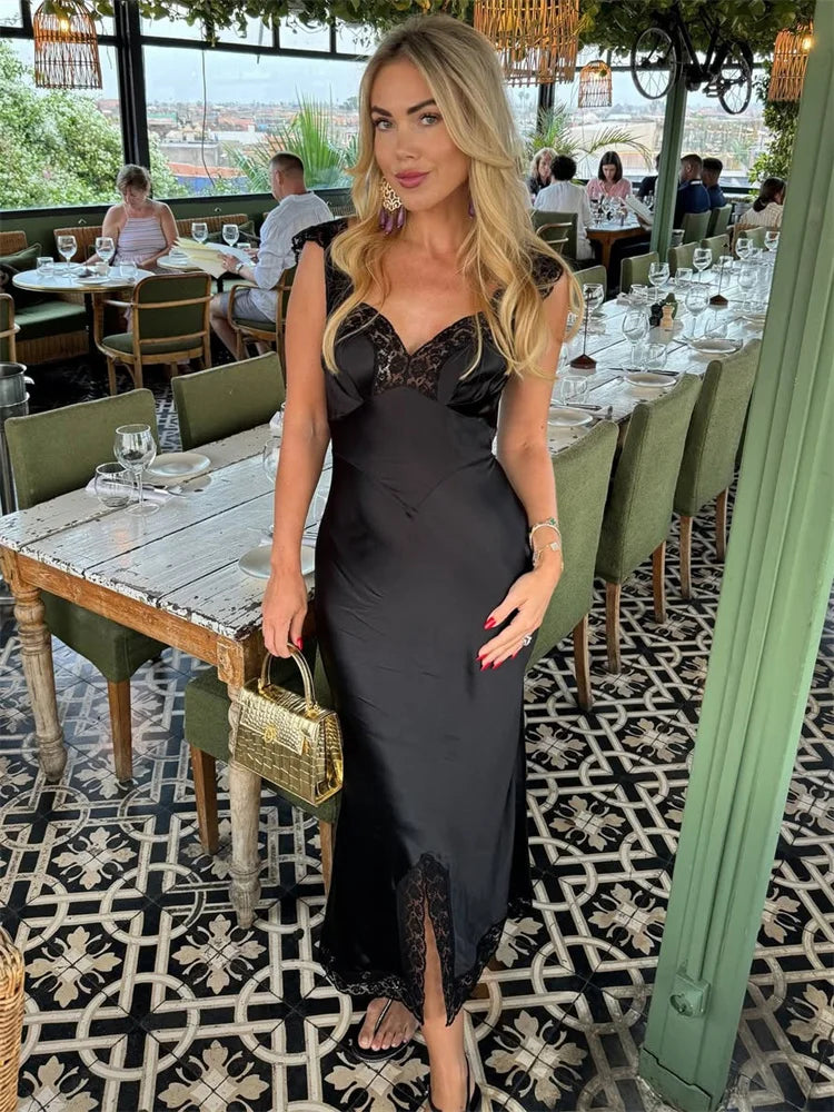 Tossy Fashion Satin Lace Long Dress Women V-Neck Patchwork Hollow Out Sleeveless Lace-Up Dress Evening Female Autumn Maxi Dress
