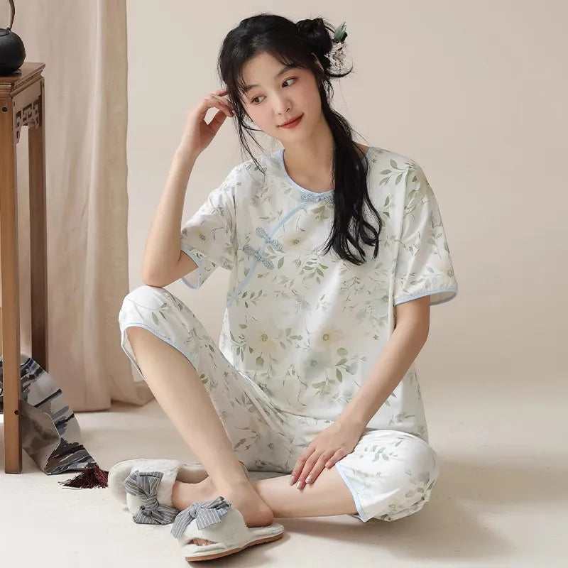 Gentle Floral Print Pajama Set Short Sleeve Top And Capri Pants Suit Vintage Women's Summer Sleepwear Loungewear Home Clothes
