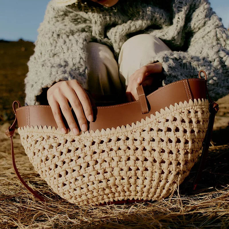 French Hand-woven Women's Tote Bag Large Vegetable Basket Bag With Casual Shopping Woven Inside Bag Shoulder Underarm Tote Bag