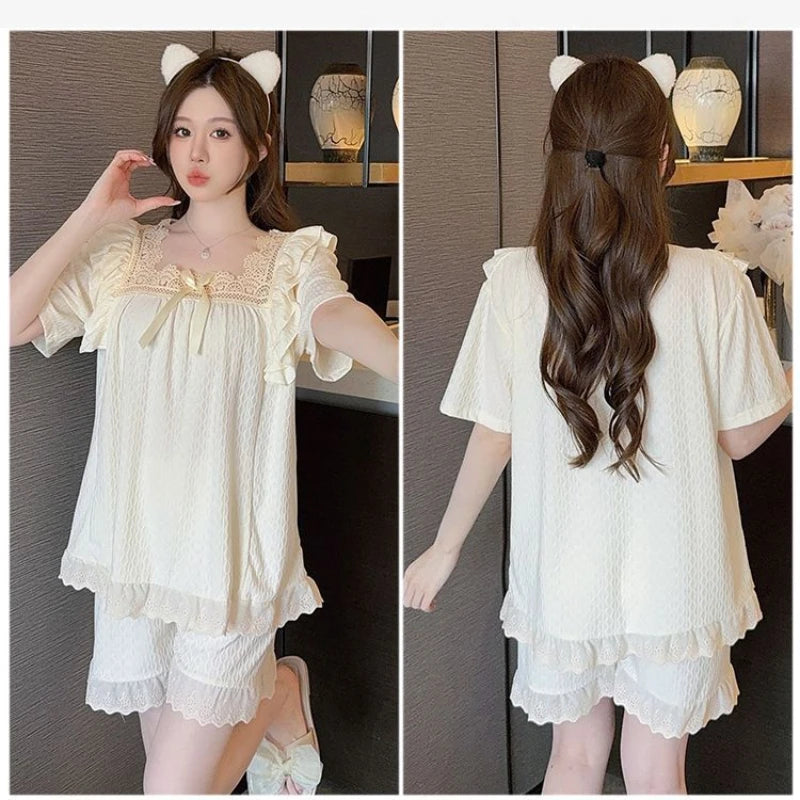 Gift for 5XL Plus Size Women Pajama Set Korean Style Cotton Nighties Summer Ruffle Short Sleeve Top and Shorts 2 Piece Sleepwear