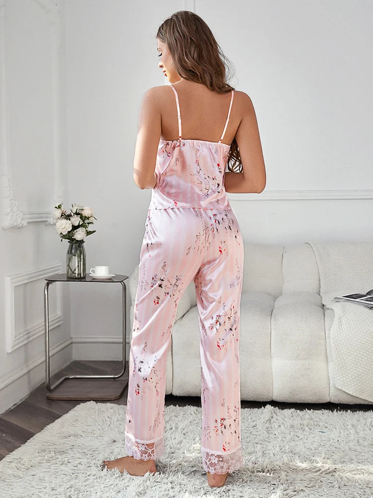 Vertical Striped & Floral Print Lace Trim Satin PJ Set Fashion Long Pants Pajamas for Women Night Wears Comfortable Sleepwear