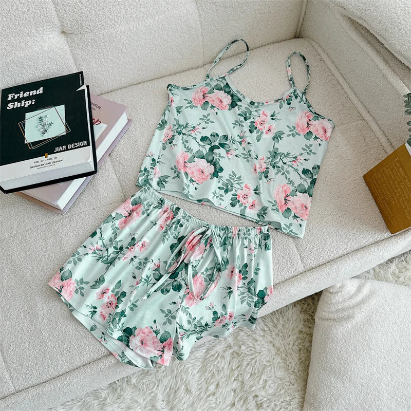 Summer Elegant Floral Print Sleepwear Women Sexy Ultra-Thin Vest and Shorts Comfortable Loungewear Breathable Nightwear HomeWear