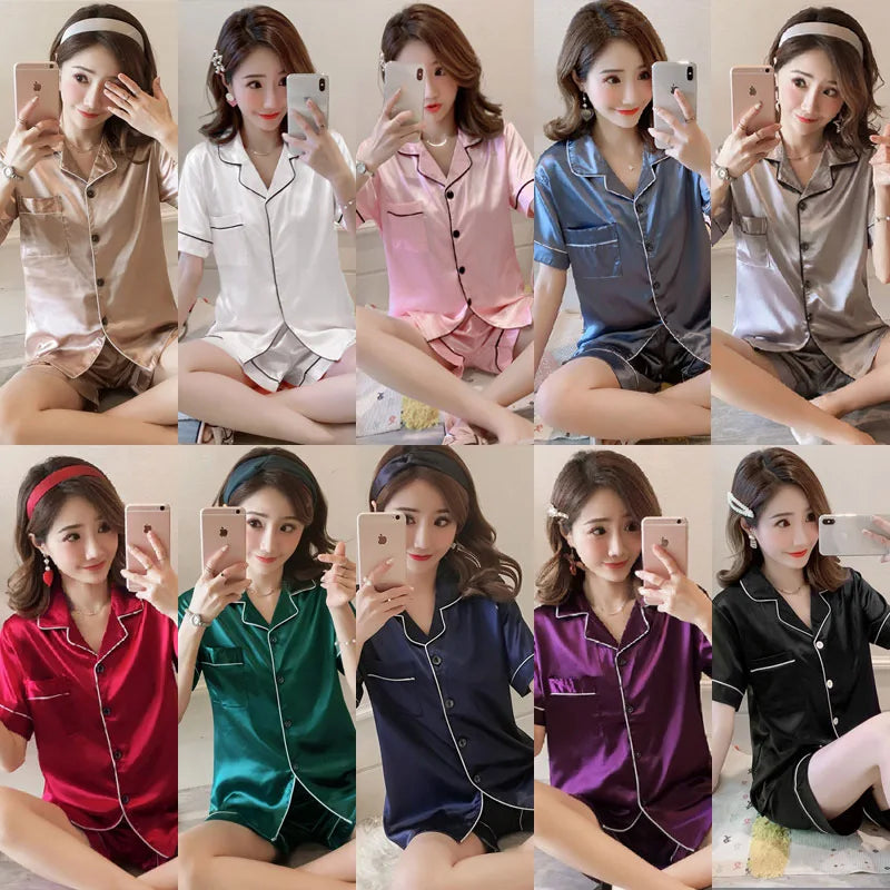 Women Silk Satin Pajamas Set Two-piece Pj Sets Sleepwear Loungewear Button-Down Pajama Women 2 Piece Pijama Homewear Shorts Set