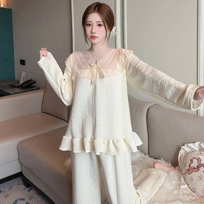 M-5XL Large Size Princess Sle Pajamas Set Women Autumn Long Sleeve Pants Home Clothes Lace Trim Solid Spwear Two Piece Set