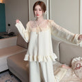 M-5XL Large Size Princess Sle Pajamas Set Women Autumn Long Sleeve Pants Home Clothes Lace Trim Solid Spwear Two Piece Set