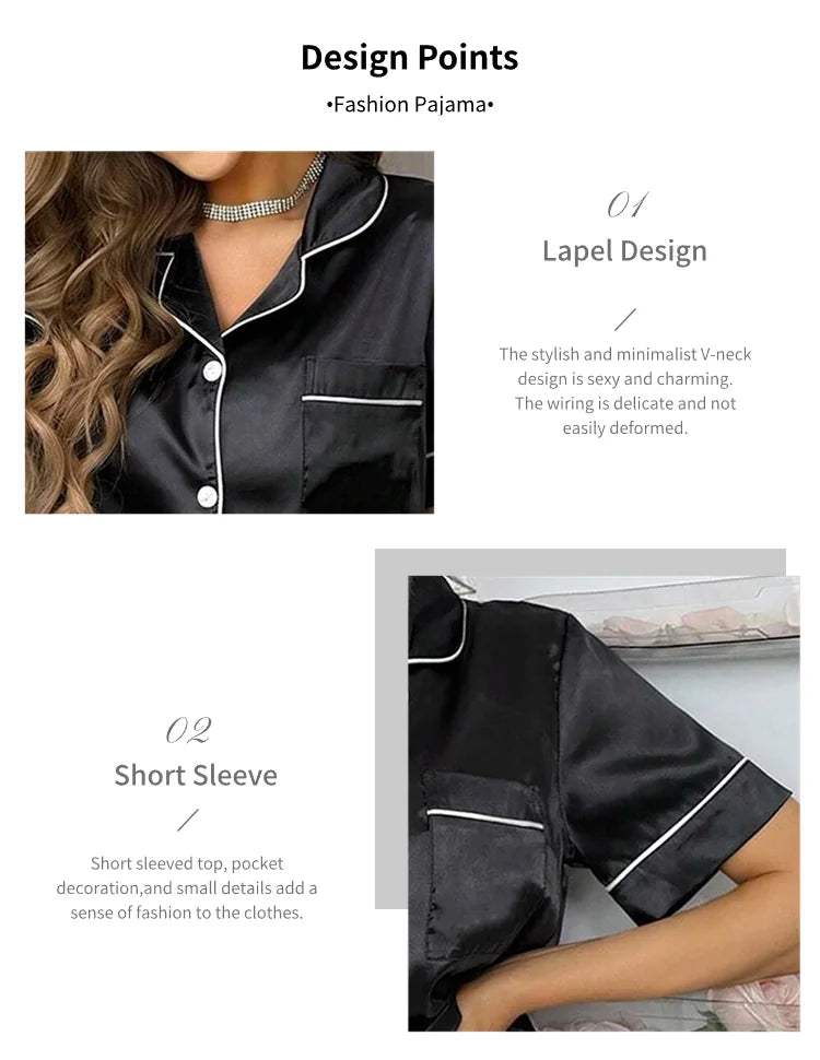 Women Pajamas Sets Spring Short Sleeve Satin Button-Down Top with Pants 2 Piece Pajama Set Sleepwear Pj Set Homewear Loungewear