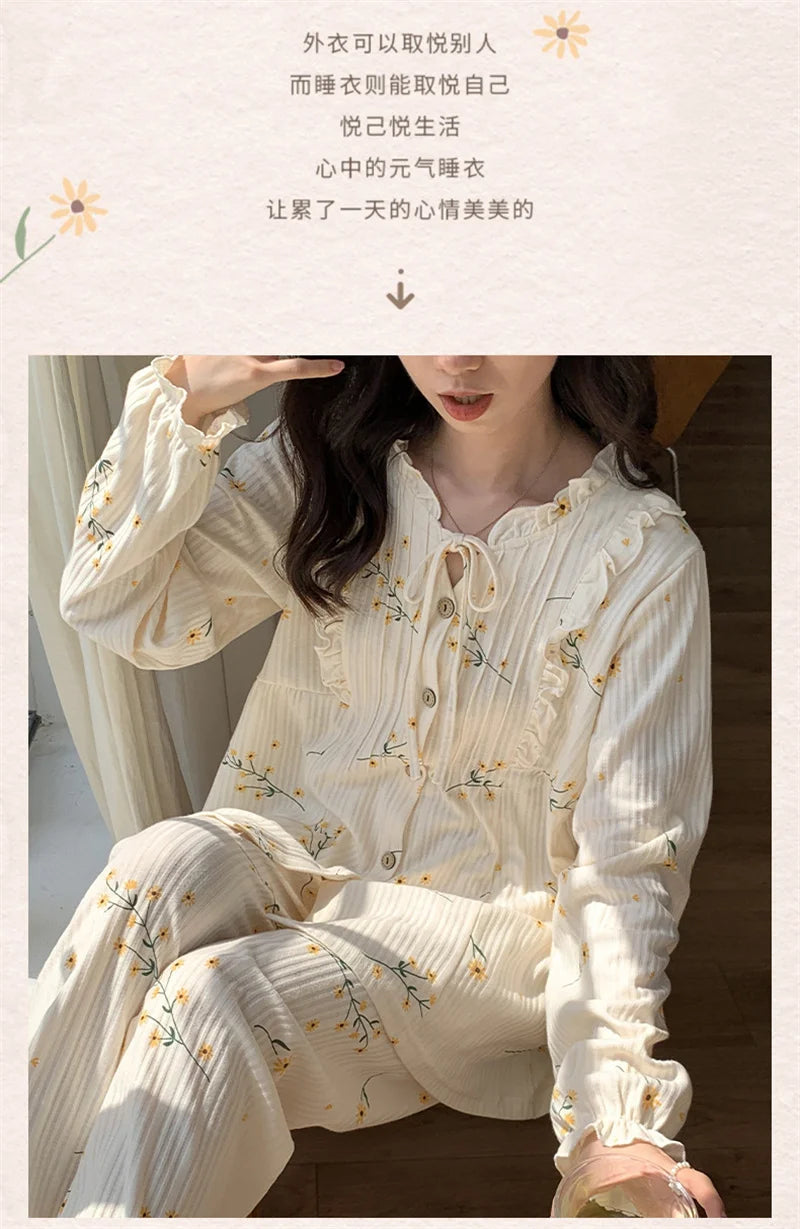 Cotton Women's Pajamas Set Floral Printed Long Sleeve Sleepwear Home Clothes Casual Ladies Nightwear Sleeping Pyjamas Suit