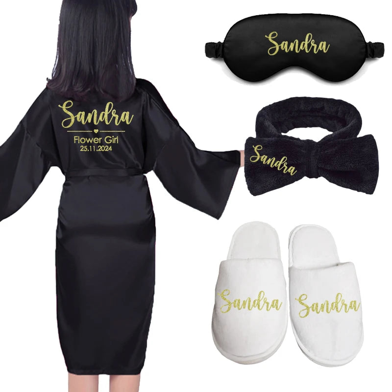 Customized Name Date Flower Girl Robes Set Wedding Bathrobes Pajamas Kids Nightdress Birthday Party Kid Robe