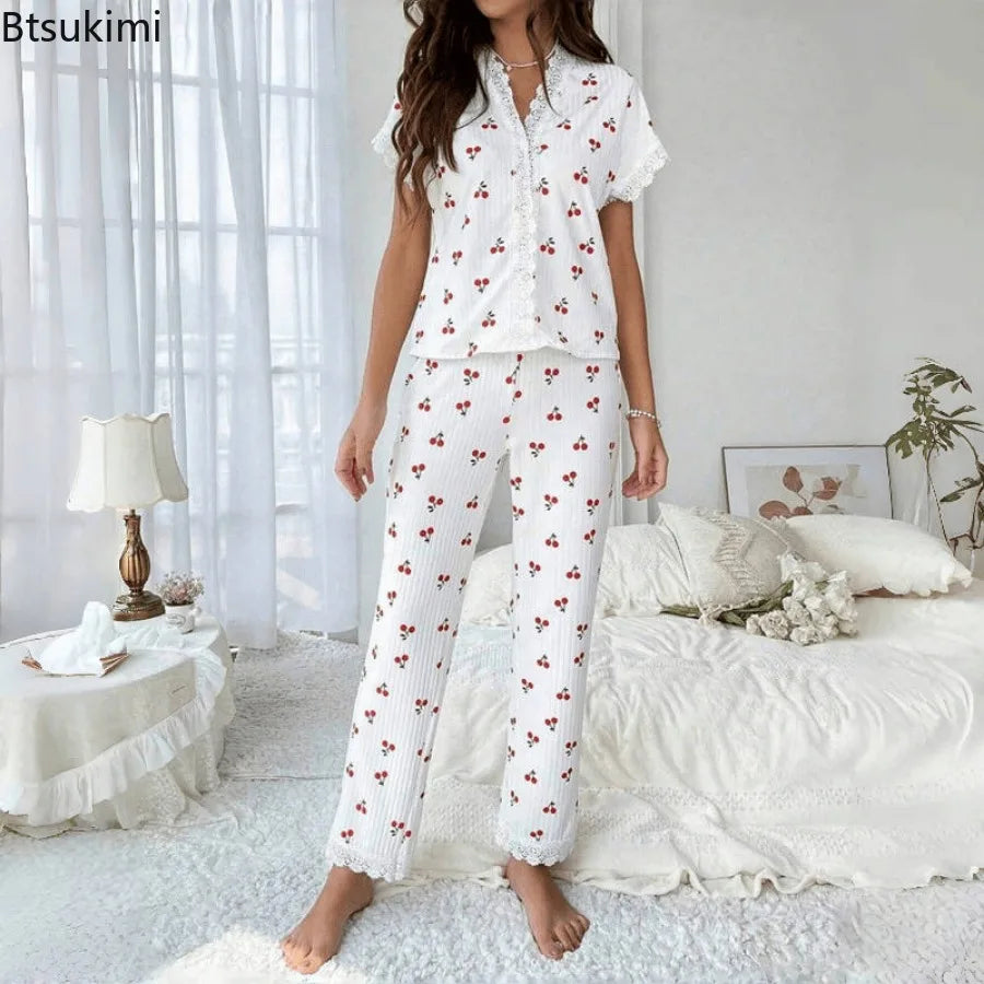 Lace Trim Women Pajama Set Short Sleeve Front Button Top & Full-Length Pants Cherry Print 2 Pieces Sleepwear Nightwear Homewear