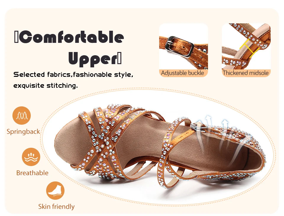 HROYL Ballroom Latin Dance Shoes Ladies Girls New Silk Satin Shiny Rhinestone Cuban High Heels Party Salsa Dance Shoes Women