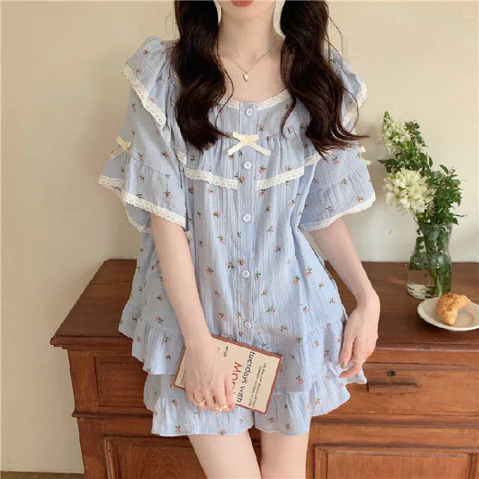 Summer Ladies Pajamas Loungewear Set Princess Style Sweet Lace Small Floral Short Sleeve Shorts Loose Plus Size Loungewear