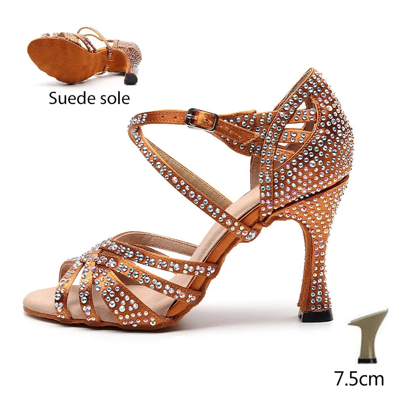 HROYL Ballroom Latin Dance Shoes Ladies Girls New Silk Satin Shiny Rhinestone Cuban High Heels Party Salsa Dance Shoes Women