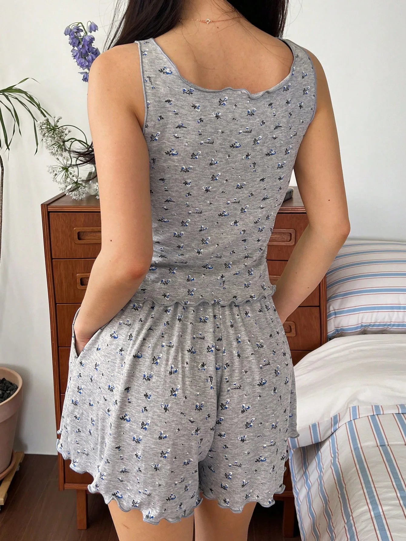 Women's Pajama Women's Vest Pajamas Casual Sweet Floral Pants Pocket Shorts Loungewear Suit Women's Pijama