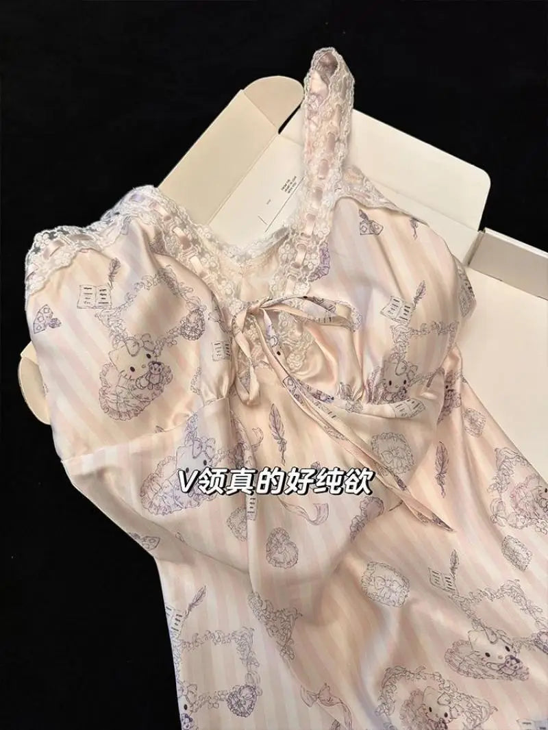 Sanrios Suspenders Nightgown Hello Kittys Ice Silk Pajamas Loose Clothes Simple Trendy Thin Printed Skirt Creative Hot Selling