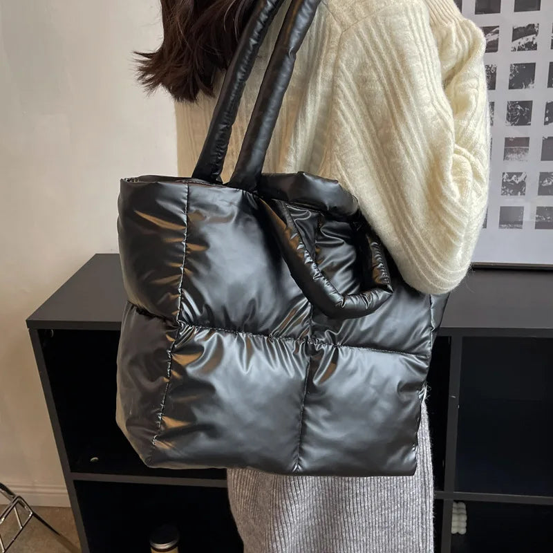 Designer Puffy Shoulder Bag Women Quilted Space Down Feather Padded Cotton Handbag Winter Large Capacity Warm Shopping Purse