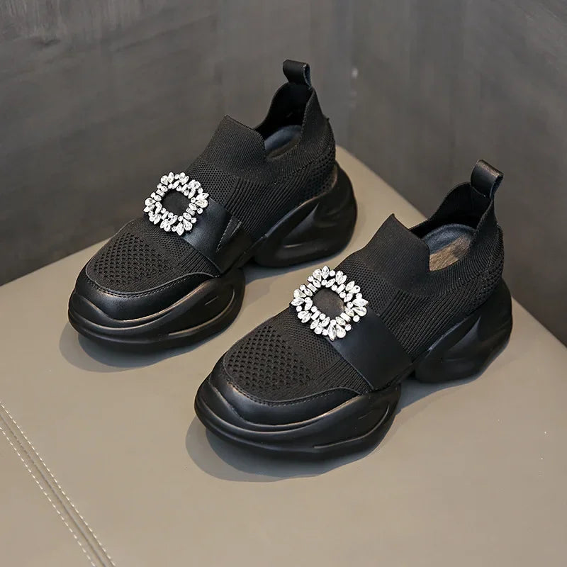 Platform Shoes Women's Spring Summer New Fashion Rhinestone Sports Casual Shoes Slip-On Mesh Breathability Sneakers Women