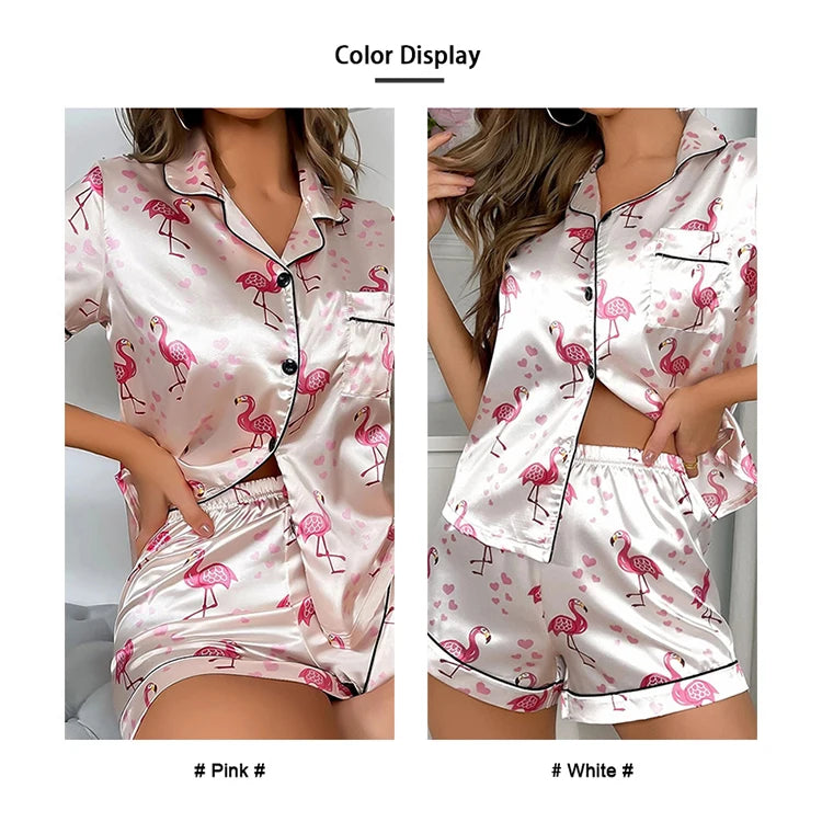 Women's Pajama Pj Set Heart Print Satin Pyjama Casual Short Sleeve Lapel Collar Tops & Pants Sleepwear & Loungewear for Adults