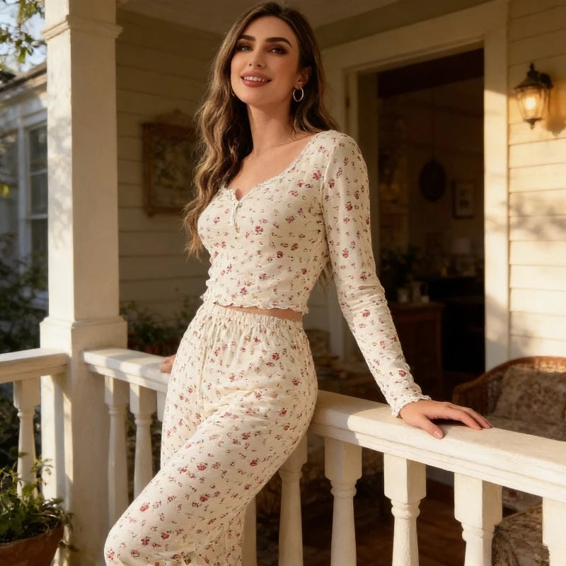 Leisure Floral Pajama Set with Spring and Autumn Long Sleeves and Pants Worn Outside Fashionable and Comfortable Home Clothes