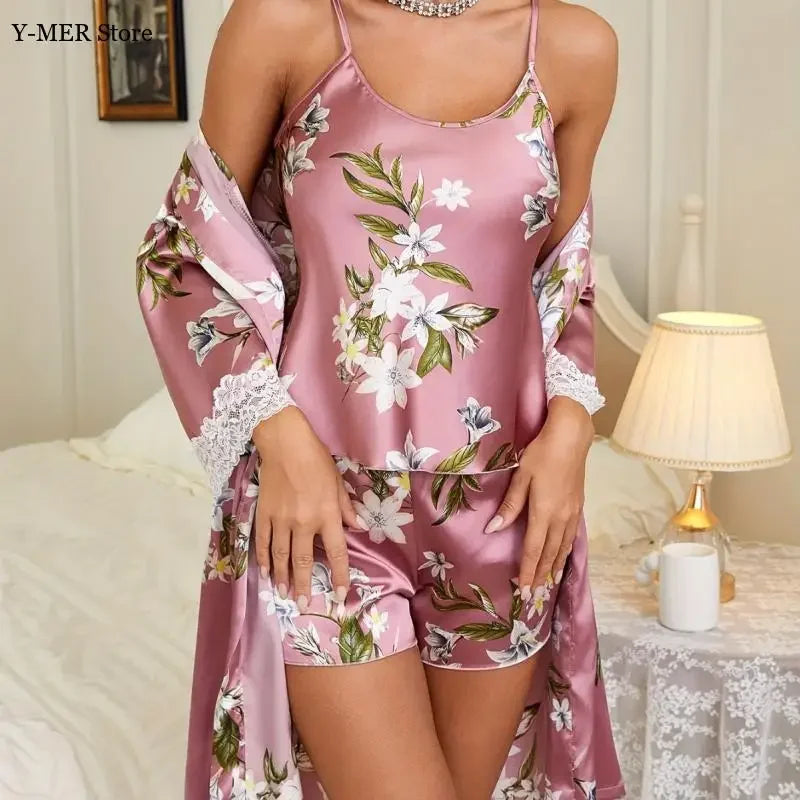 Sexy Lace Trim Robe Nightgown Home Wear Pink Flower Print Pajamas Set Women Satin Strap Top Shorts Robe Lady Satin Lingerie Set