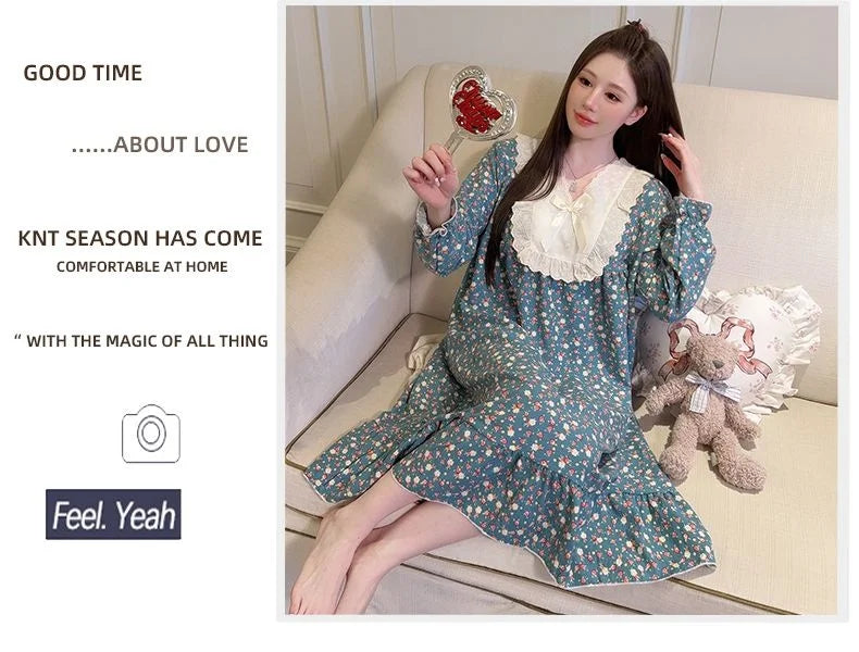 2026 Comfy Long Sleeve Home Dress, Women's Floral Print Loungewear for Spring Autumn, Oversize Sweet Korean Style