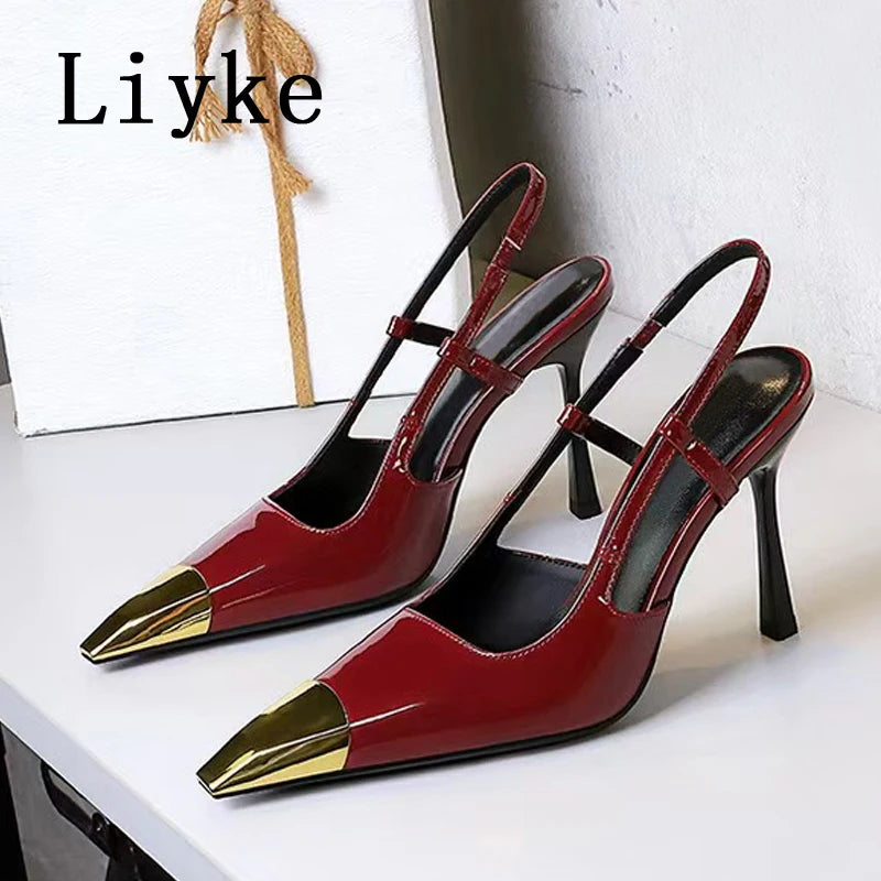 Liyke Sexy Slingback Sandal Female Design Metal Pointed Toe Stiletto High Heels Party Prom Shoes Women Pumps Zapatos Mujer