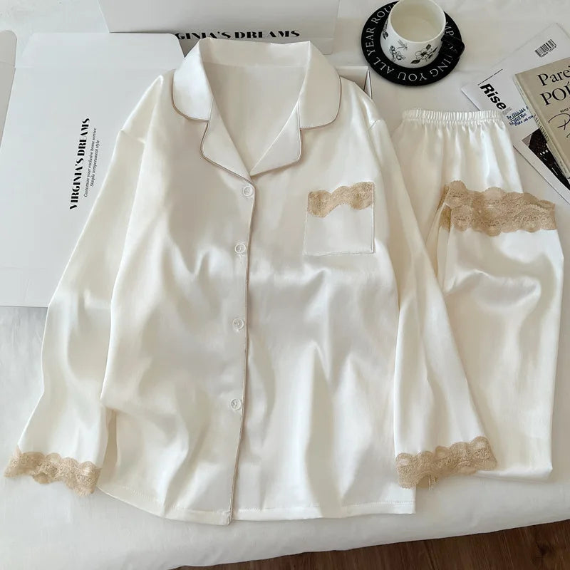 Women's Spring/Autumn Ice Silk Nightwear Set Luxurious Lace Trim Long-Sleeved Lightweight Homewear Actual Product Photography