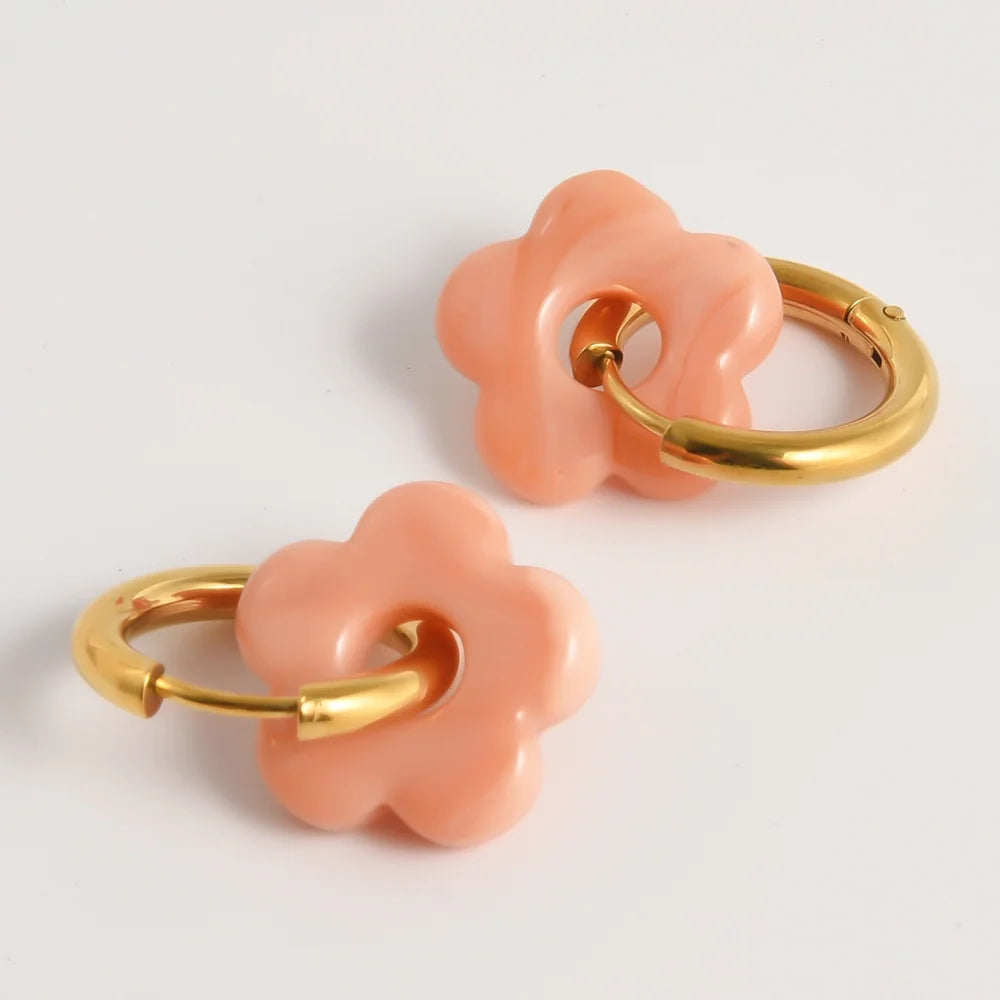 Colorful Flower Glass Drop Charms Earring Gold Color Circle Ear Buckle Hoops Stainless Steel Earrings Fashion Jewelry for Women