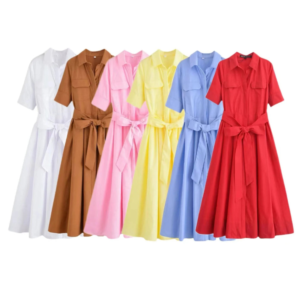 HH Women Summer Lapel Short Sleeve Pocket Single-Breasted Belt Decorate Midi Dress Female Fashion Shirt Style Pleated Dress