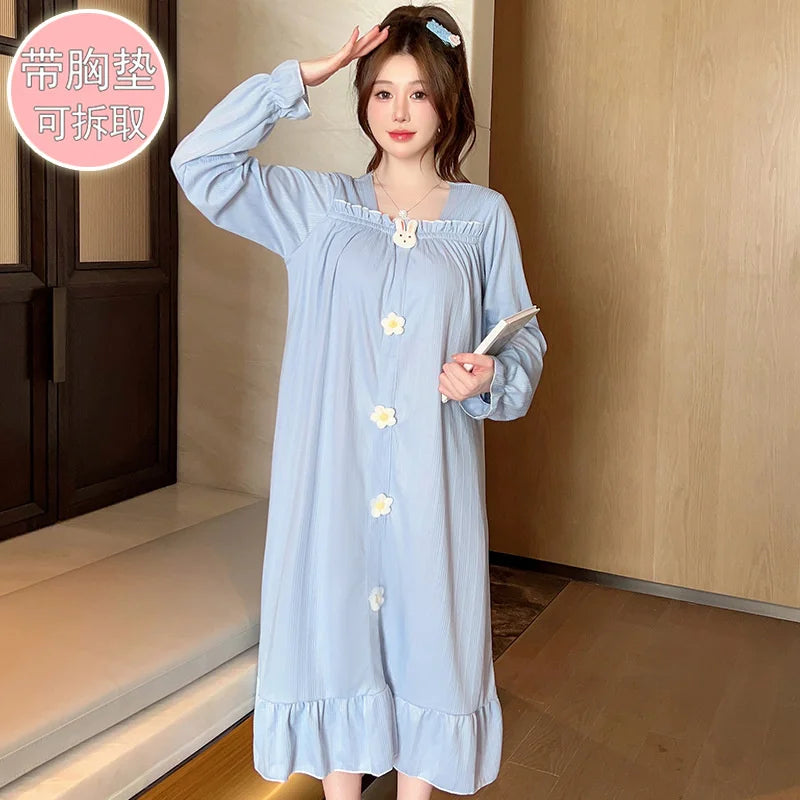 Autumn Winter New Women Cotton Nightdress With Chest Pad Long Dress Sweet Loose Long Sleeve Home Wear
