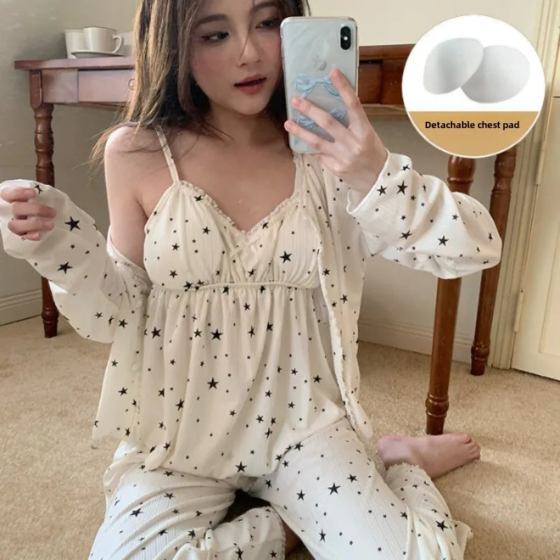 Three-Piece Set of Women Pajamas with Chest Pads Small Floral Suspender Pajamas Ladies Long-Sleeved Trousers Sling Nightwear
