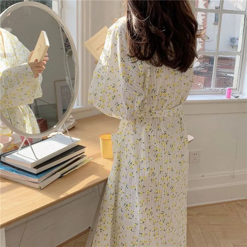 Korean Style Floral Pajamas Spring and Summer Sweet Bow Tie Pajama Girl Long Sleeved Trousers Student Dormitory Home Clothes Hot