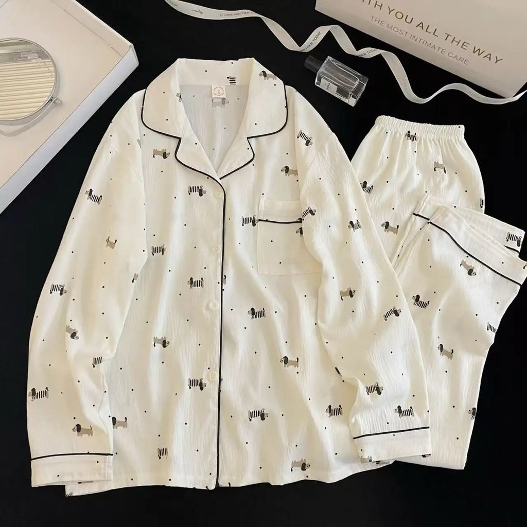 Cherry Print Women's Pajamas Set Fall Spring Plaid Print Loungewear Long Sleeve Cardigan Top and Pants Home Sleepwear