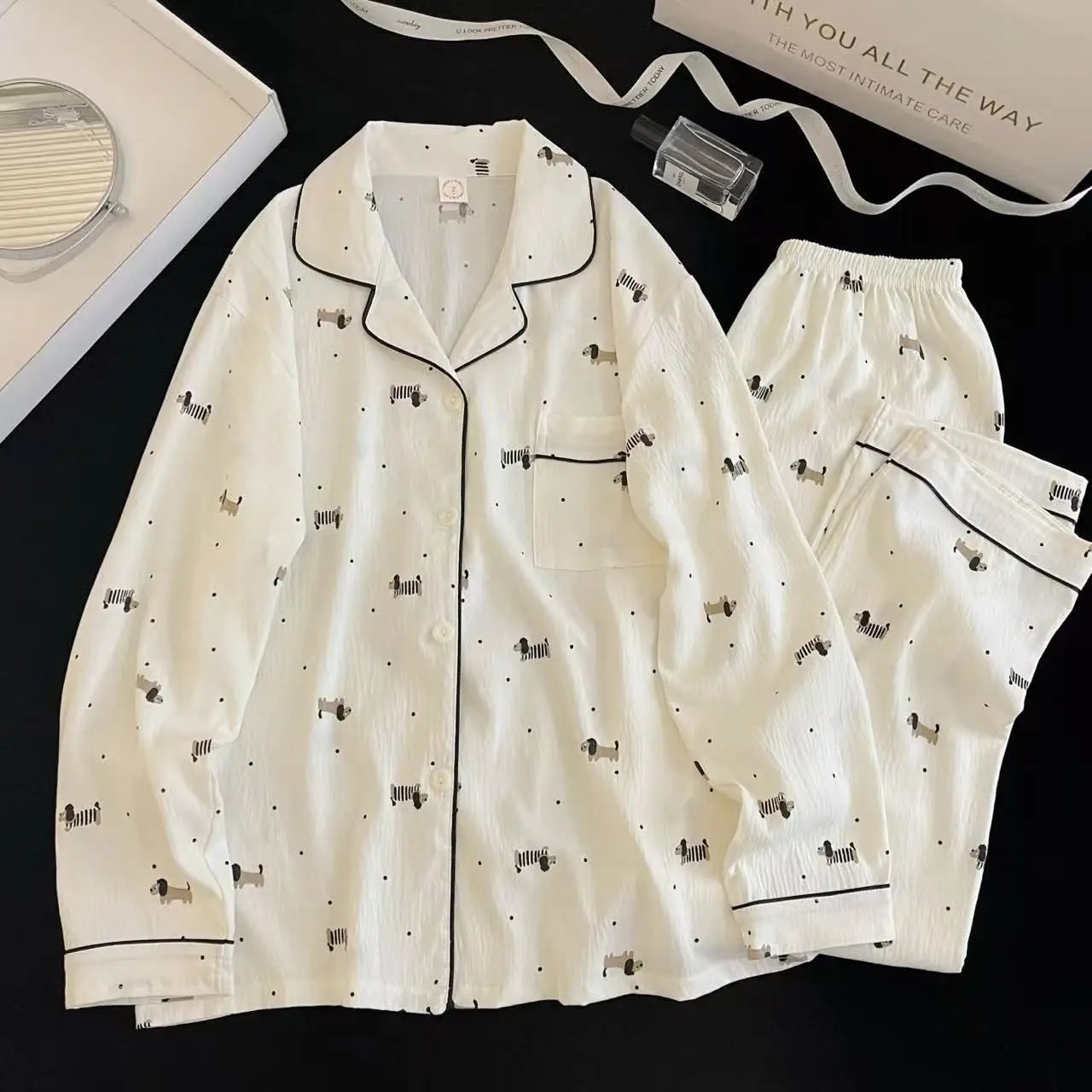 Cherry Print Women's Pajamas Set Fall Spring Plaid Print Loungewear Long Sleeve Cardigan Top and Pants Home Sleepwear