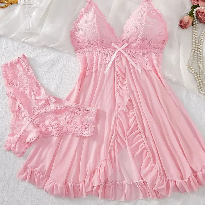 Suspender Suit Summer Ultra-thin Nightgown Lace Thong Sets Women's Sexy Pyjamas Lingerie Hot Night Dress Comfortable Sleepwear