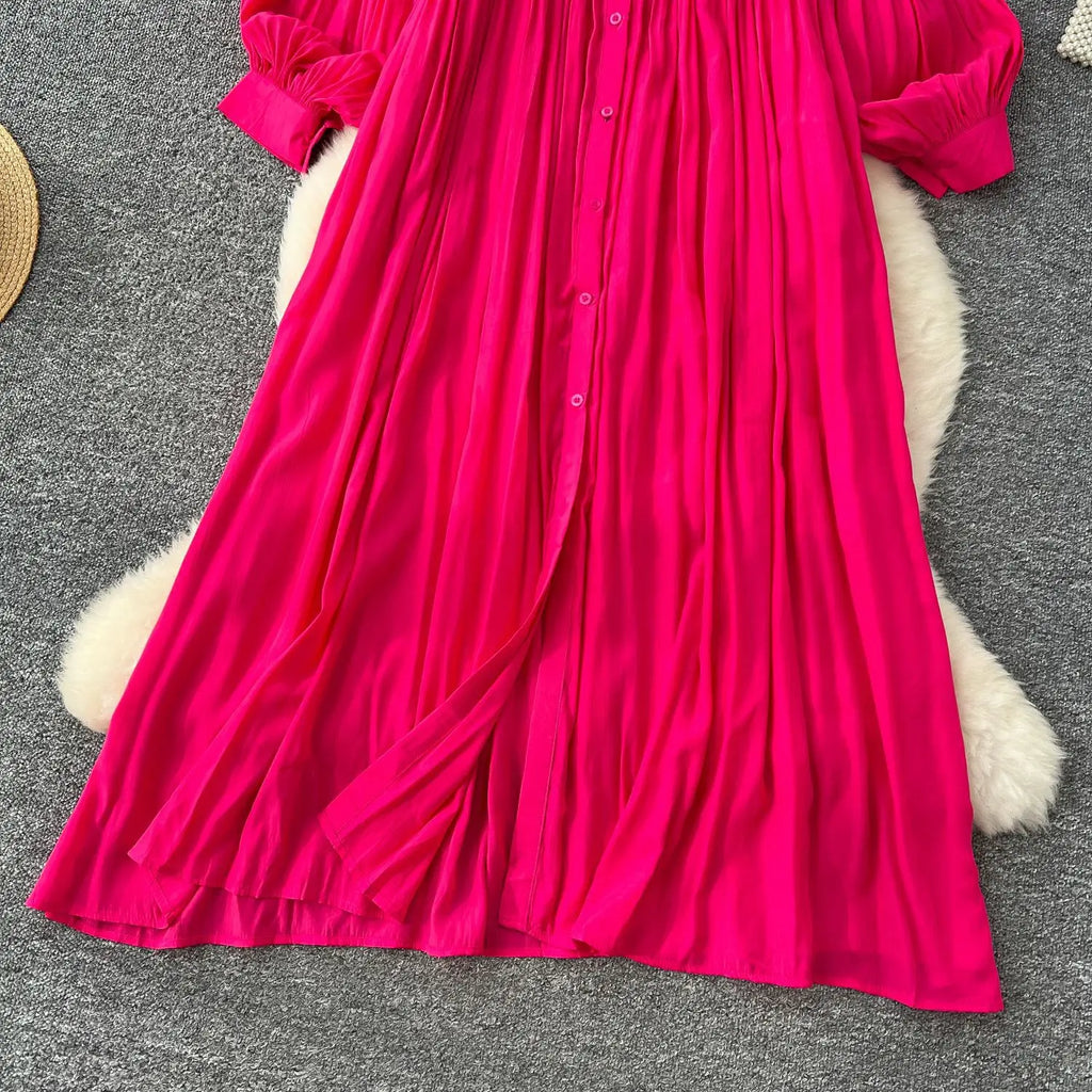 Pleated Dress Women Long Dresses A Line Vestidos Streetwear Lantern Sleeve Elegant Splice Y2k Single Breasted Loose Summer 2025