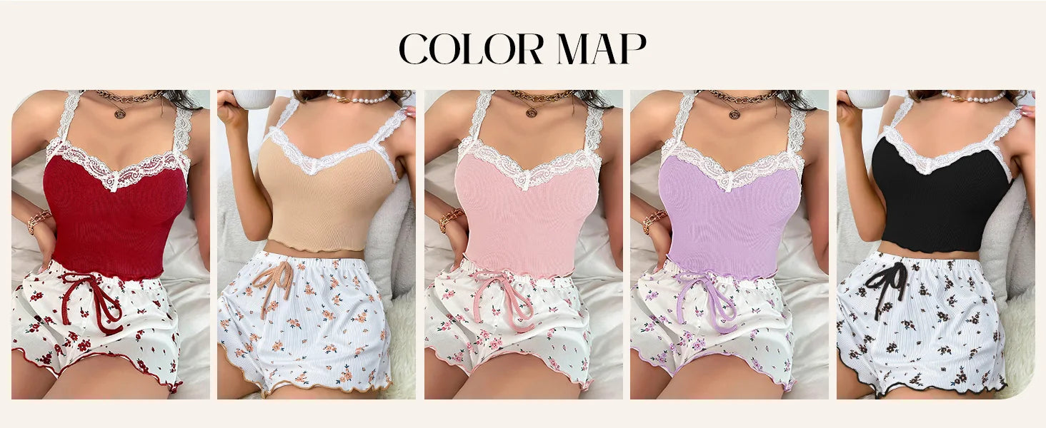 Women’s Lace Trim Cami & Floral Shorts Pajama Set, Soft Ribbed Two-Piece Sleepwear, Sexy Summer Loungewear Nightwear Outfit