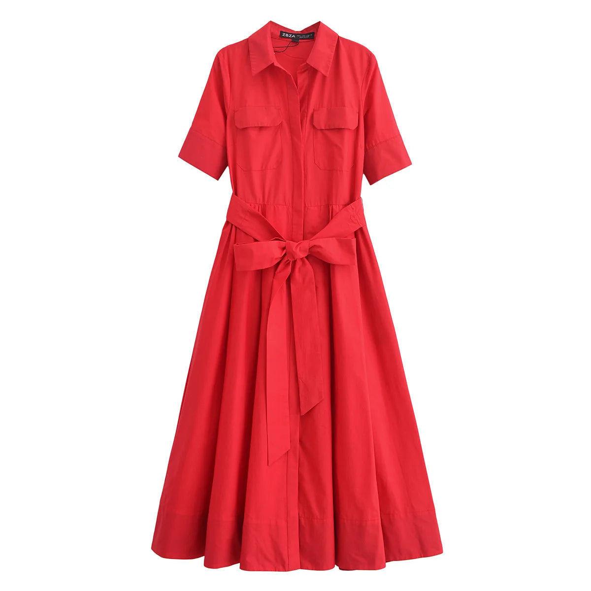 HH Women Summer Lapel Short Sleeve Pocket Single-Breasted Belt Decorate Midi Dress Female Fashion Shirt Style Pleated Dress