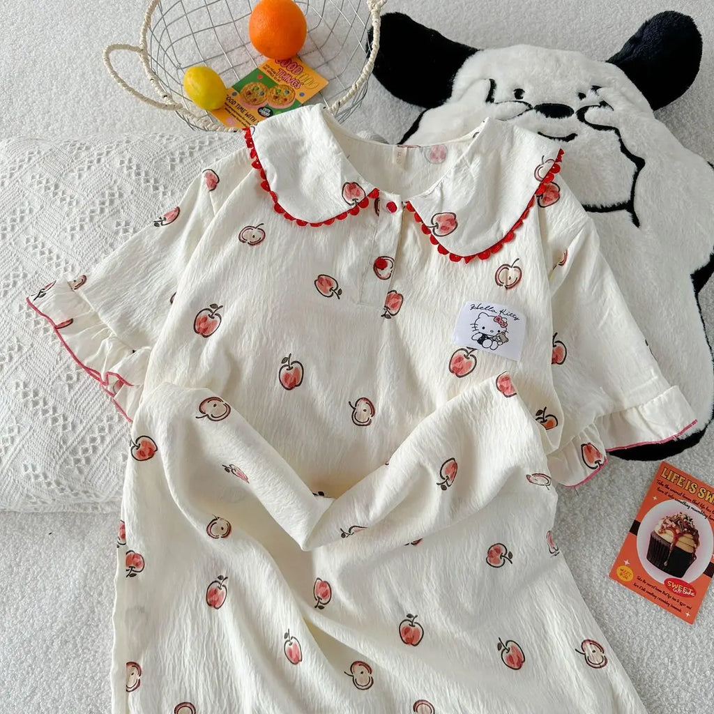 Sanrio Hello Kitty Cute Pajamas Dress Woman Night Skirt Summer Sleep Skirt Short Sleeve Nightie Long Dresses Sleepwear Home Wear