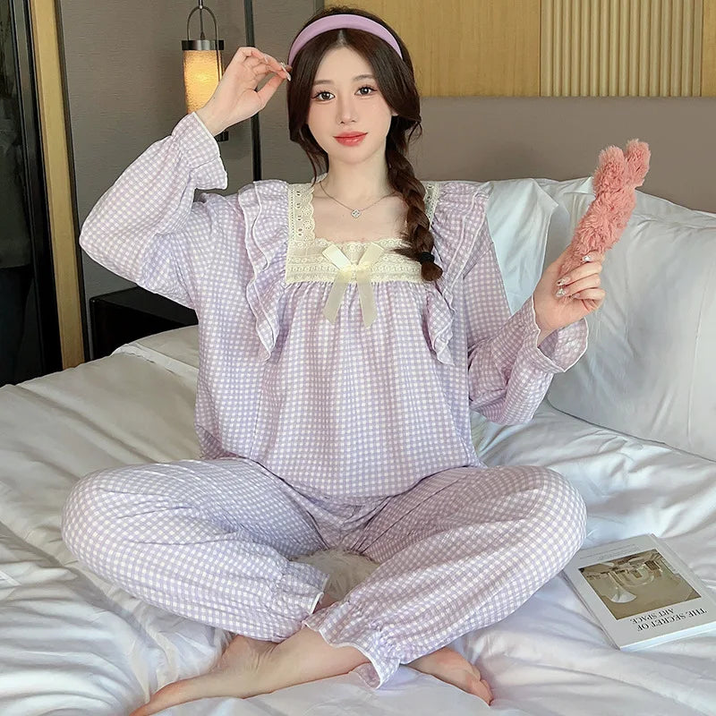 100kg Plus Size Cherry Print Pajama Women Korean Sweet Spring Long Sleeve Top Long Pants Plaid Homewear Princess Loose Outfits