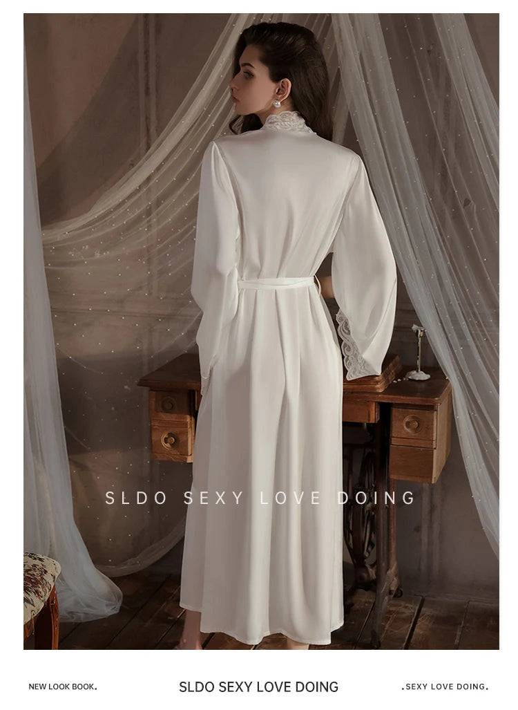 Wedding Bridal Bathrobe Big Lace Flower Nightie Wear Women Satin Kimono Long Loose Peignior Spring Autumn New Intimate Lingerie