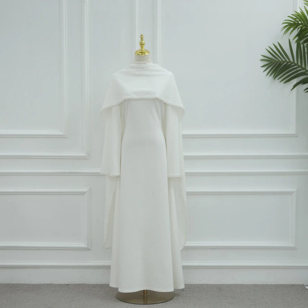 White Pearl Trim Cape Maxi Dress Women Elegant Long Sleeve Cinched Waist Muslim Robes 2026 Spring EID Abaya Lady Dresses