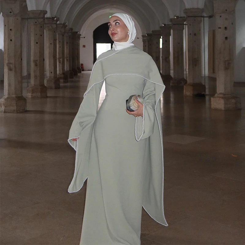 White Pearl Trim Cape Maxi Dress Women Elegant Long Sleeve Cinched Waist Muslim Robes 2026 Spring EID Abaya Lady Dresses