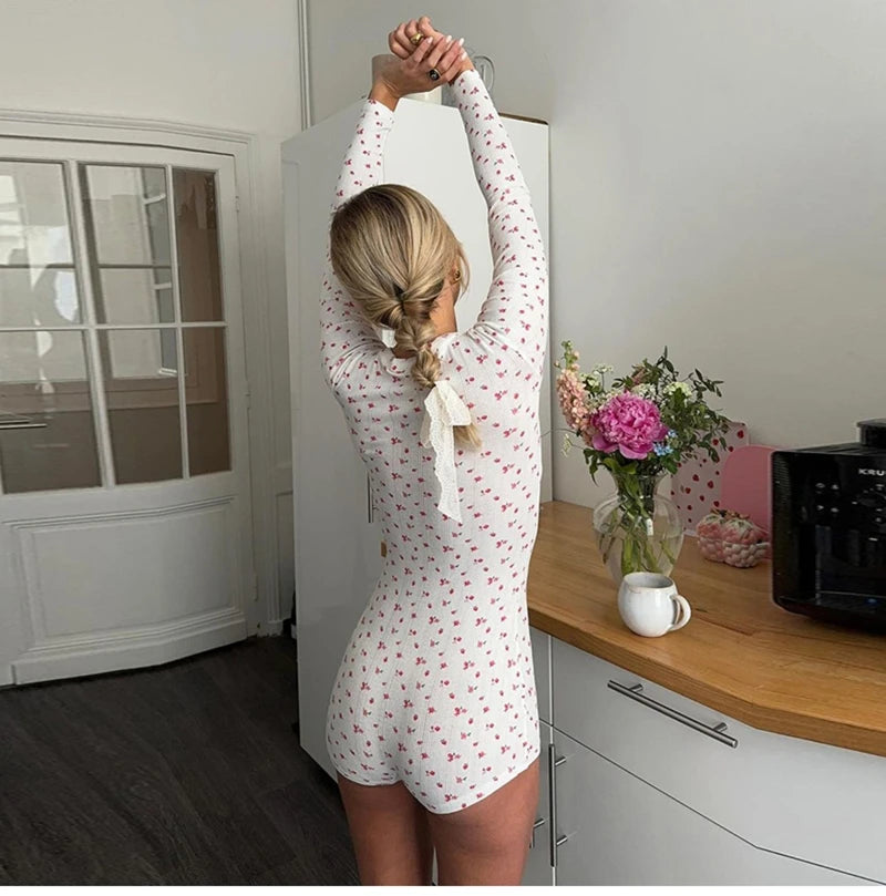 Women's Sexy Floral Print Jumpsuit Long-Sleeve V-Neck Onesie Soft Bodysuit Ideal For Sleeping And Lounging Relaxed Fit Pyjamas