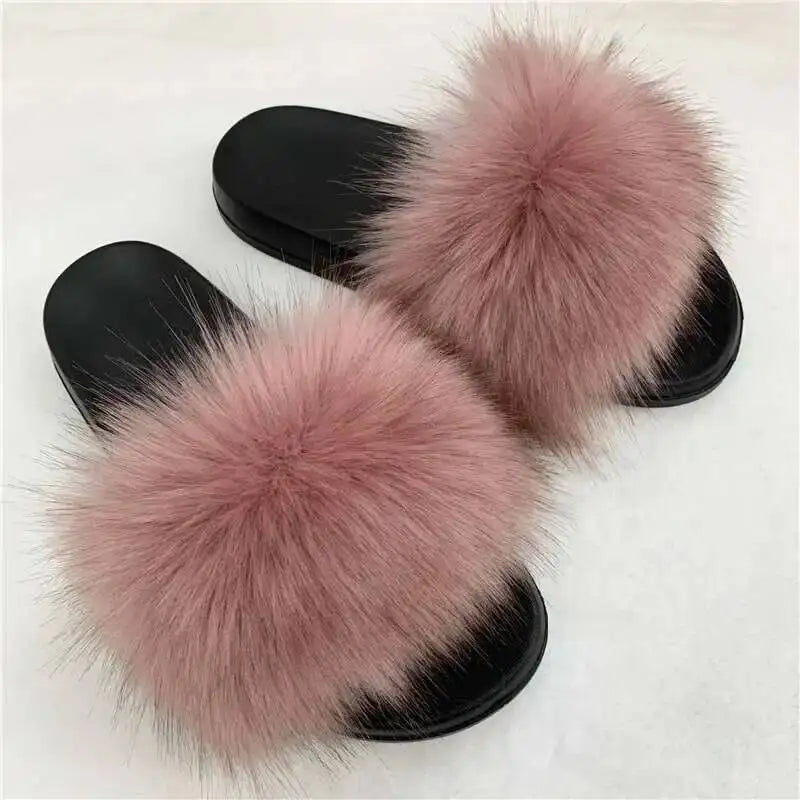 Ladies Fluffy Slippers Summer Women Faux Fur Soft Slides Stylish Open Toe Sandals Outdoor Indoor Furry Comfortable Beach Shoes