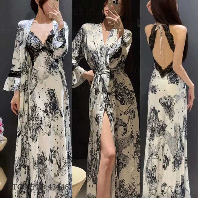 Elegant Print Flower Womens Long Robe Nightgown Set Sexy Lace Backless Nightdress Lingerie Summer New Satin Homewear Pajama