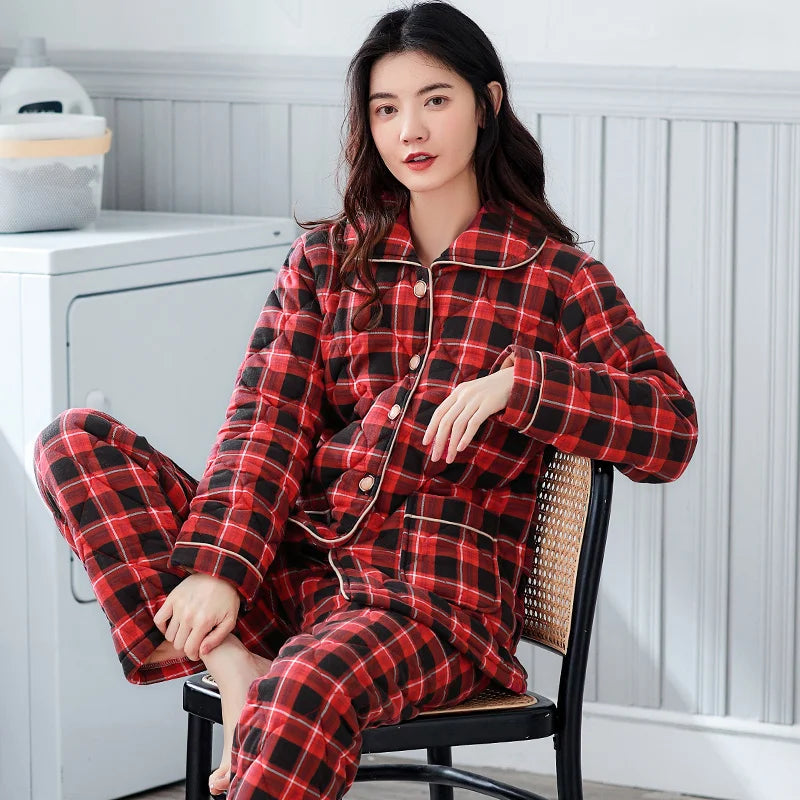 Winter three layer thick keep warm quilted jacket women's pajamas floral pijamas inverno M-XXXL sleepwear